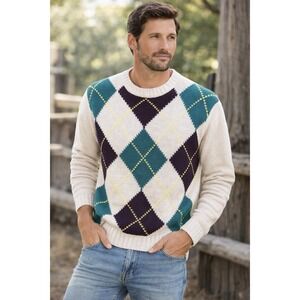 Lands End Sweater Mens L‎ Argyle Cotton Knit Crewneck White Green Purple